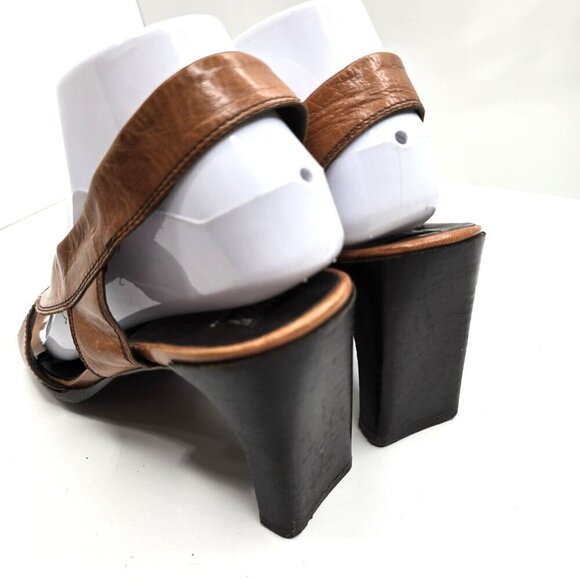 Vintage 90s Y2K Made in Italy Cognac Brown Leather Square Toe Block Heels - Picture 7 of 12